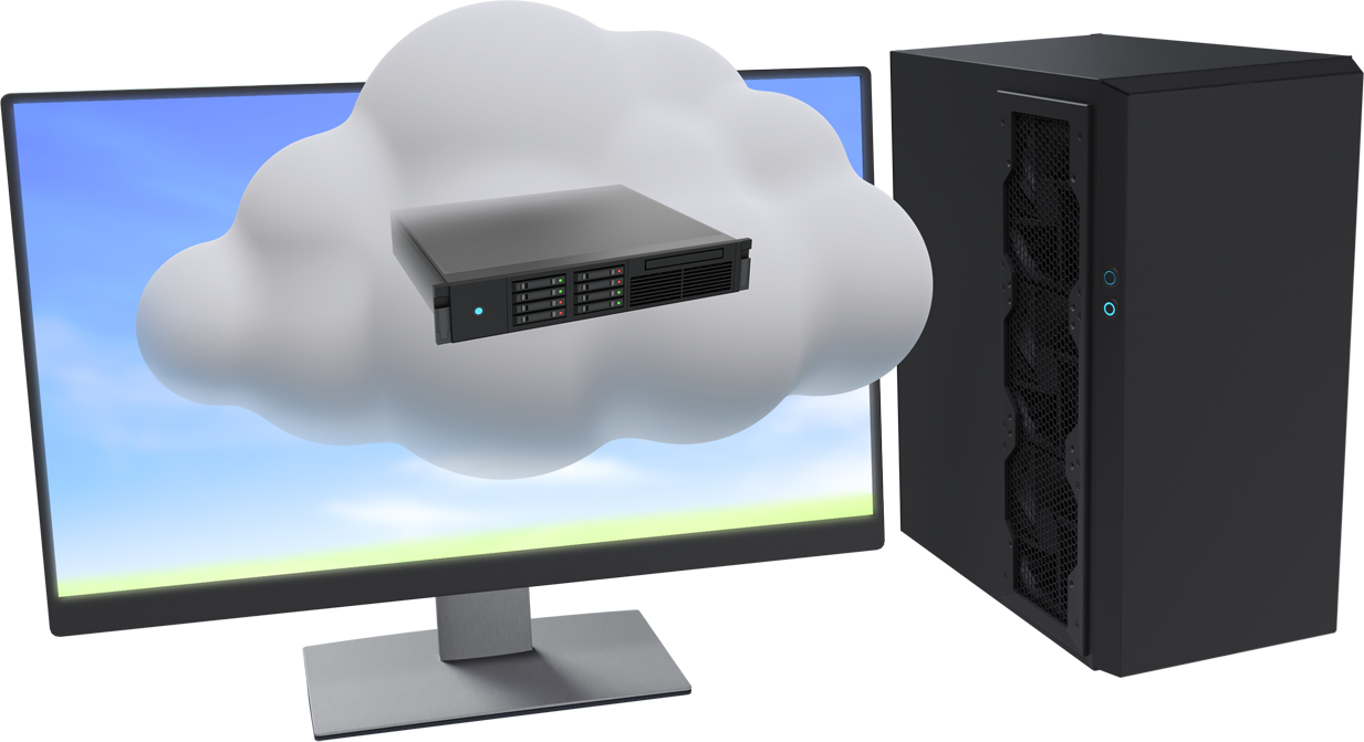 server in a virtual cloud with a PC tower